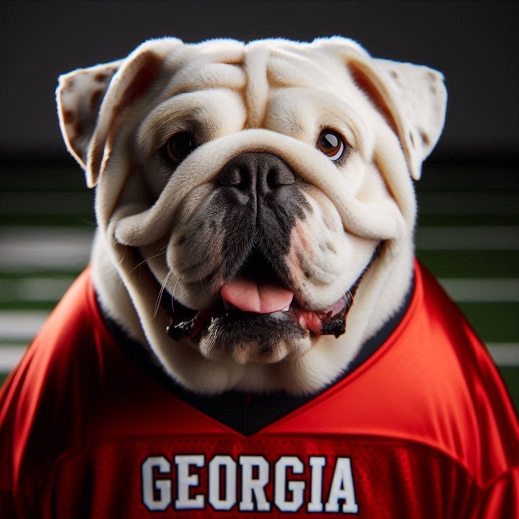 Georgia bulldog mascot wearing a red Georgia jersey