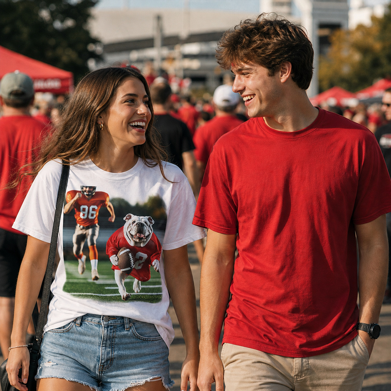 Two college-age fans walking to a game, with the woman wearing the running Dawg T-shirt