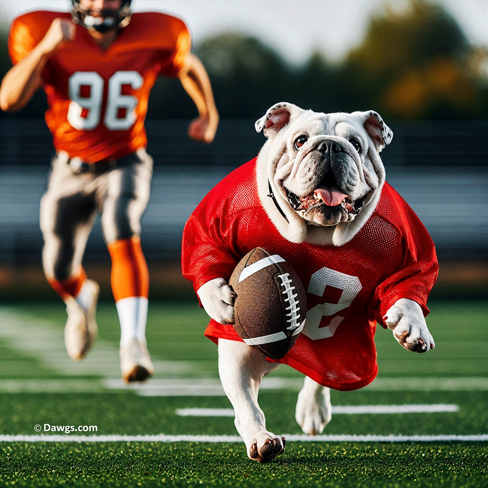 A Georgia bulldog mascot running with a football as a player follows